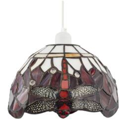 Happy Homewares Deep Red & White Stained Glass Dragonfly Tiffany Pendant Shade