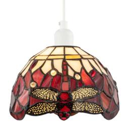 Happy Homewares Deep Red & White Stained Glass Dragonfly Tiffany Pendant Shade - thumbnail 2