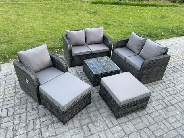 Fimous 7 Seater High Back Rattan Garden Furniture Set with Square Coffee Table 2 Big Footstool Love Sofa Indoor Outdoor Patio Lounge Sofa Set - image 1