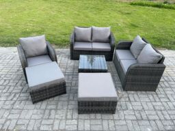 Fimous 7 Seater High Back Rattan Garden Furniture Set with Square Coffee Table 2 Big Footstool Love Sofa Indoor Outdoor Patio Lounge Sofa Set - thumbnail 2