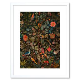 "Artery8 Wall Art Print Birds on Blooming Trees in Spring Modern Folk Artwork Framed 9X7 Inch in White - Size: W7"" x H9""" - thumbnail 1