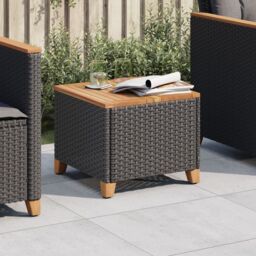 Berkfield Home Garden Table Black 45x45x37 cm Poly Rattan Acacia Wood - Size: 45 x 45 x 37 cm