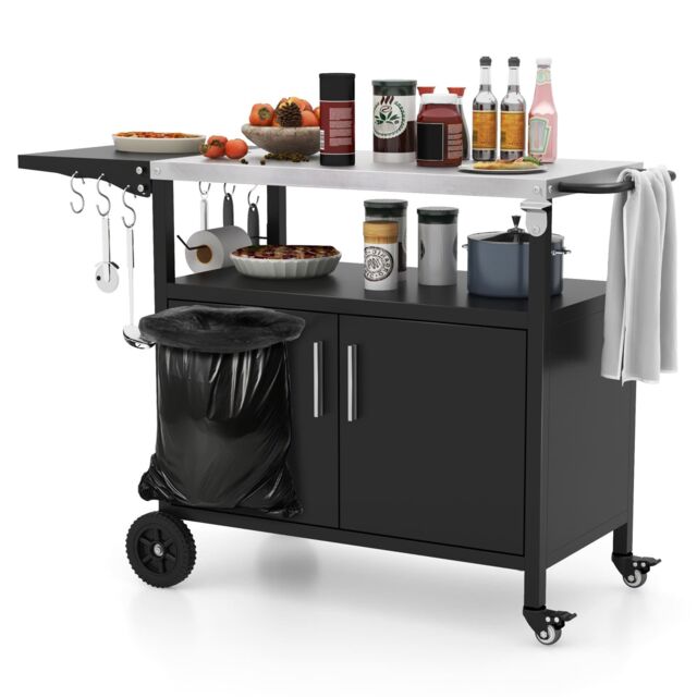 Costway 84cm Height Kitchen Island Indoor Outdoor Grill Cart w/Storage & 6 Hooks in Black