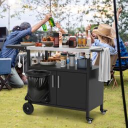 Costway 84cm Height Kitchen Island Indoor Outdoor Grill Cart w/Storage & 6 Hooks in Black - thumbnail 3