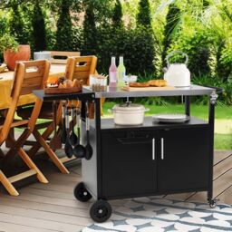 Costway 84cm Height Kitchen Island Indoor Outdoor Grill Cart w/Storage & 6 Hooks in Black - thumbnail 4