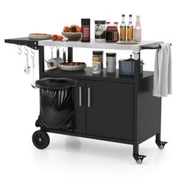Costway 84cm Height Kitchen Island Indoor Outdoor Grill Cart w/Storage & 6 Hooks in Black - thumbnail 1
