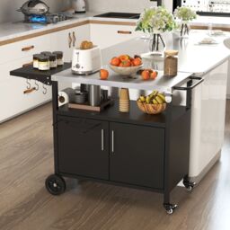 Costway 84cm Height Kitchen Island Indoor Outdoor Grill Cart w/Storage & 6 Hooks in Black - thumbnail 5