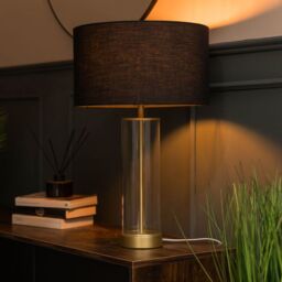 ValueLights Balan Glass & Matt Gold Table Lamp with Fabric Drum Lamp Shade & LED Bulb in Black - thumbnail 1