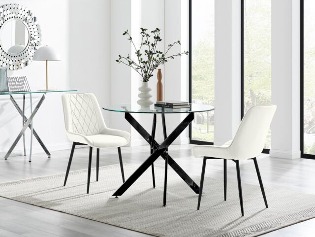 FurnitureboxUK Novara 100cm Round Black Leg Dining Table & 2 Pesaro Black Leg Chairs in Cream - image 1