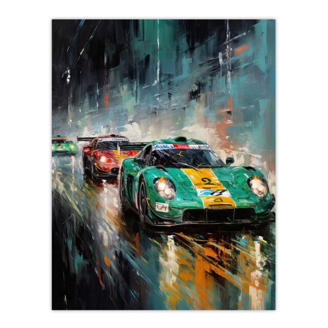 "Artery8 Wall Art Print Sports Car Racing Motorsport Road Race Action Green Red Orange Classic For Him Fan Man Cave Poster in Blue - Size: W24"" x H32""" - image 1