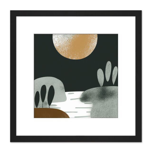 Artery8 Dark Green Gold Simple Boho Abstract Full Moon Sun Landscape Pastel Bohemian Painting Square Wooden Framed Wall Art Print Picture 8X8 Inch - image 1
