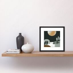 Artery8 Dark Green Gold Simple Boho Abstract Full Moon Sun Landscape Pastel Bohemian Painting Square Wooden Framed Wall Art Print Picture 8X8 Inch - thumbnail 2