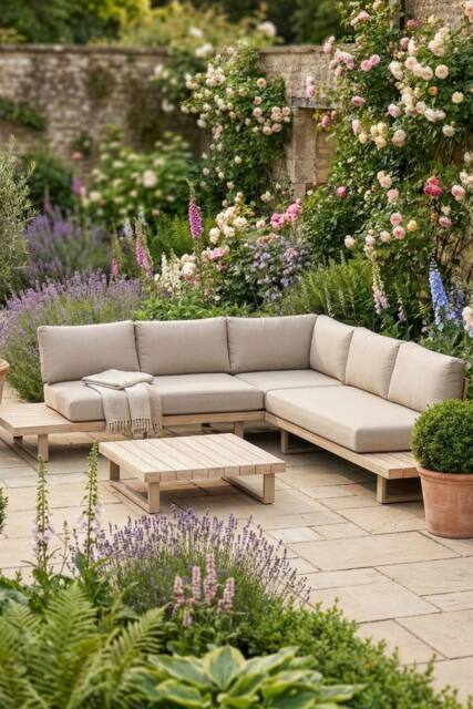 Dibor Wooden Corner Garden Lounge Sofa Set with Cushions & Coffee Table in Beige - image 1