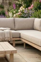 Dibor Wooden Corner Garden Lounge Sofa Set with Cushions & Coffee Table in Beige - thumbnail 4