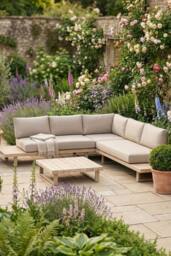 Dibor Wooden Corner Garden Lounge Sofa Set with Cushions & Coffee Table in Beige - thumbnail 1