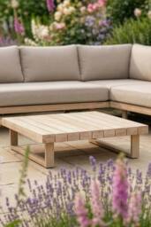Dibor Wooden Corner Garden Lounge Sofa Set with Cushions & Coffee Table in Beige - thumbnail 3