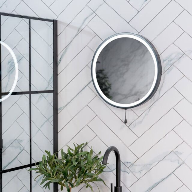 ValueLights Mirror Matte Black IP44 Rated Round Bathroom Battery Operated 41cm Mirror Light - image 1
