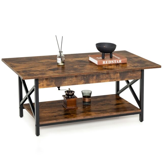 Costway 2-Tier Industrial Coffee Table Home Cocktail Tea Side Table with Storage Shelf in Brown - image 1