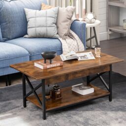 Costway 2-Tier Industrial Coffee Table Home Cocktail Tea Side Table with Storage Shelf in Brown - thumbnail 3