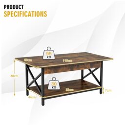 Costway 2-Tier Industrial Coffee Table Home Cocktail Tea Side Table with Storage Shelf in Brown - thumbnail 2