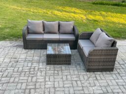 Fimous PE Rattan Garden Furniture Sets 5 Seater Outdoor Lounge Sofa Set Square Coffee Table in Dark Grey - thumbnail 1