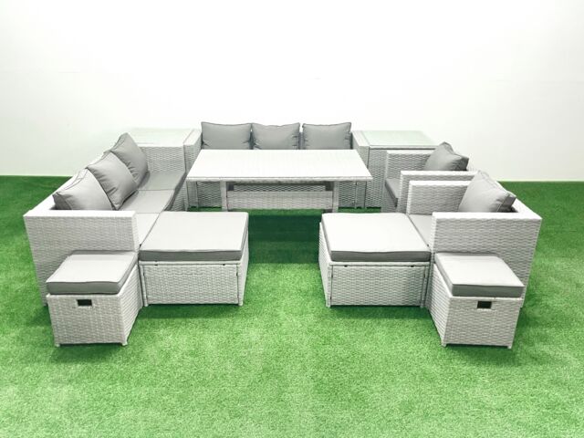 Fimous Rattan Garden Furniture Dining Set 12 Seater Lounge Sofa Chair Dining Table Set with 4 Footstools 2 Side Tables Light Grey Mixed - image 1