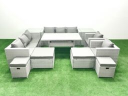 Fimous Rattan Garden Furniture Dining Set 12 Seater Lounge Sofa Chair Dining Table Set with 4 Footstools 2 Side Tables Light Grey Mixed - thumbnail 2