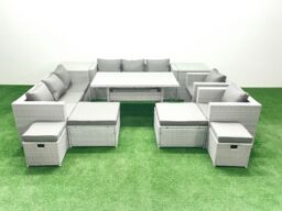 Fimous Rattan Garden Furniture Dining Set 12 Seater Lounge Sofa Chair Dining Table Set with 4 Footstools 2 Side Tables Light Grey Mixed - thumbnail 1