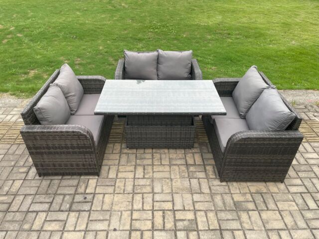 Fimous Rattan Garden Outdoor Furniture 3 PC Love Sofa Set Patio Adjustable Rising lifting Dining Table Dark Grey Mixed - image 1