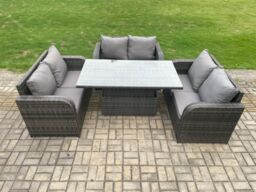 Fimous Rattan Garden Outdoor Furniture 3 PC Love Sofa Set Patio Adjustable Rising lifting Dining Table Dark Grey Mixed - thumbnail 2
