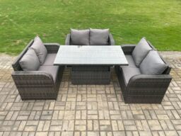 Fimous Rattan Garden Outdoor Furniture 3 PC Love Sofa Set Patio Adjustable Rising lifting Dining Table Dark Grey Mixed - thumbnail 1