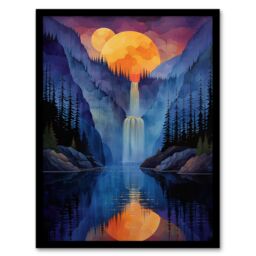 "Artery8 Wall Art Print Mirror Moon Waterfall Watercolour Night Mystic Art Framed Poster in Black - Size: W12"" x H16""" - thumbnail 1