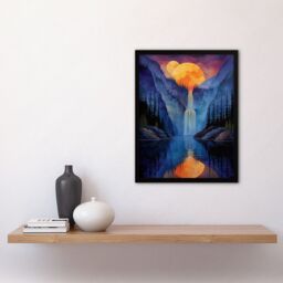 "Artery8 Wall Art Print Mirror Moon Waterfall Watercolour Night Mystic Art Framed Poster in Black - Size: W12"" x H16""" - thumbnail 4
