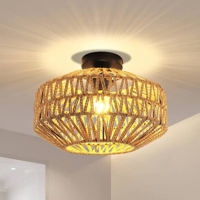 Pheashine Woven Rattan Ceiling Light, Black Base, E27 Mount, Bulb included in Brown - image 1