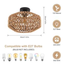 Pheashine Woven Rattan Ceiling Light, Black Base, E27 Mount, Bulb included in Brown - thumbnail 6