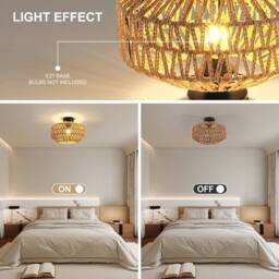 Pheashine Woven Rattan Ceiling Light, Black Base, E27 Mount, Bulb included in Brown - thumbnail 3