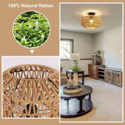 Pheashine Woven Rattan Ceiling Light, Black Base, E27 Mount, Bulb included in Brown - thumbnail 5