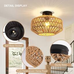 Pheashine Woven Rattan Ceiling Light, Black Base, E27 Mount, Bulb included in Brown - thumbnail 7
