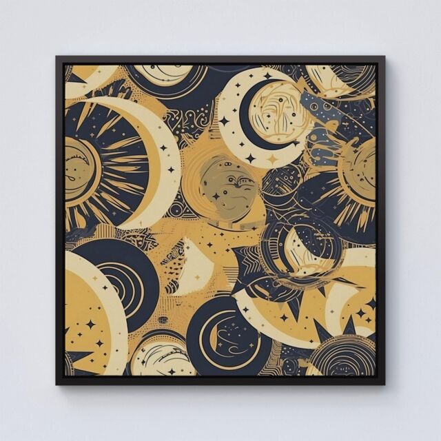 "Warren Reed - Designer Blue Gold Moon & Sun Framed Canvas in Black - Size: W30"" x H30""" - image 1
