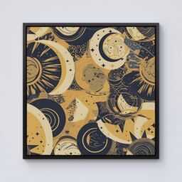 "Warren Reed - Designer Blue Gold Moon & Sun Framed Canvas in Black - Size: W30"" x H30""" - thumbnail 1