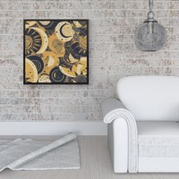 "Warren Reed - Designer Blue Gold Moon & Sun Framed Canvas in Black - Size: W30"" x H30""" - thumbnail 2