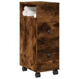 Berkfield Home Narrow Bathroom Cabinet with Wheels Smoked Oak Engineered Wood in Brown - thumbnail 1