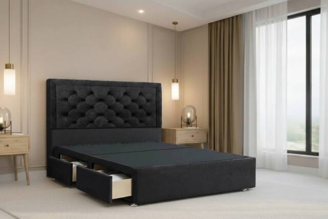 "Nexus Mattresses Ltd Tuscany Plush Divan Bed Base 4 Drawers - 54"" Headboard in Black - Size: Small Double" - image 1