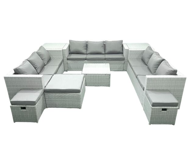 Fimous Rattan Garden Outdoor Furniture Set 12 Seater Rattan Garden Sofa Set with 3 Footstools 2 Side Tables Light Grey Mixed - image 1
