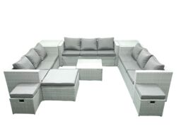 Fimous Rattan Garden Outdoor Furniture Set 12 Seater Rattan Garden Sofa Set with 3 Footstools 2 Side Tables Light Grey Mixed - thumbnail 1