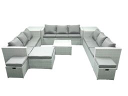 Fimous Rattan Garden Outdoor Furniture Set 12 Seater Rattan Garden Sofa Set with 3 Footstools 2 Side Tables Light Grey Mixed - thumbnail 2