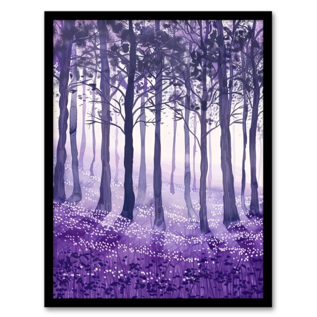 "Artery8 Purple Bluebell Forest Painting Trees Woodland Framed Art Print - Size: W12"" x H16""" - image 1