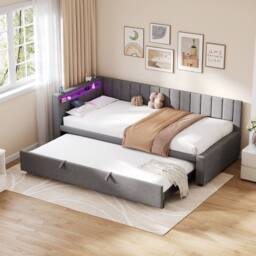 Merax 3ft Single Upholstered Daybed Sofa Bed with Pull Out Trundle, LED in Grey - thumbnail 4