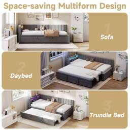 Merax 3ft Single Upholstered Daybed Sofa Bed with Pull Out Trundle, LED in Grey - thumbnail 9