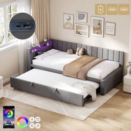 Merax 3ft Single Upholstered Daybed Sofa Bed with Pull Out Trundle, LED in Grey - thumbnail 2